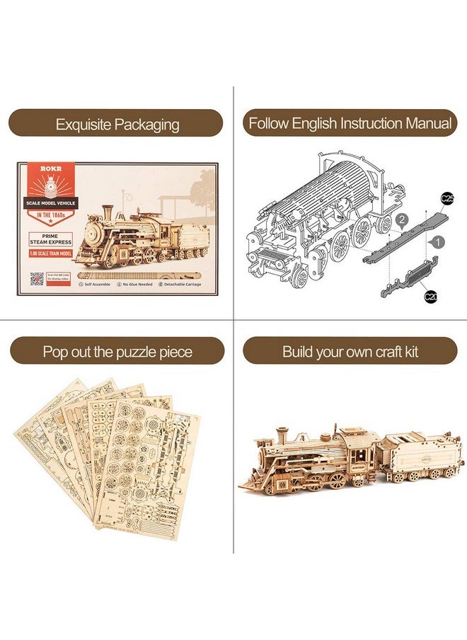 ROKR 3D Wooden Puzzle for Adults-Mechanical Train Model Kits-Brain Teaser Puzzles-Vehicle Building Kits-Unique Gift for Kids on Birthday/Christmas Day(1:80 Scale)(MC501-Prime Steam Express)