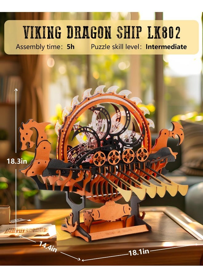 ROBOTIME LK802 Viking Dragon Ship Mechanical Wooden Puzzles, 229 Pieces 3D Puzzles for Adults, Crafts for Adults Hobby Building Kit