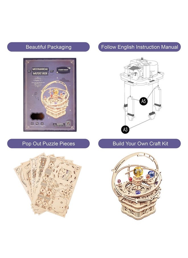 RoWood Music Box 3D Puzzles for Adults, DIY Wooden Mechanical Building Model Kits, Gift for Teens Kids on Children's Day/Birthday/Christmas - Starry Night