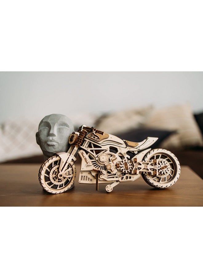 Wood Trick Motorcycle w/Rubber Band Motor Rides up to 16ft - Mechanical Model Kits for Adults and Kids - 10x4-3D Wooden Puzzles for Adults and Kids - Engineering DIY 3D Puzzle Wooden Models
