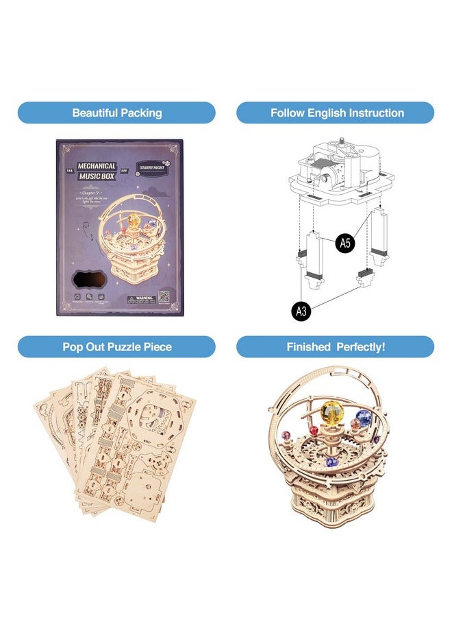 ROBOTIME 3D Puzzles for Adults Model Kits for Adults Hobbies for Men/Women Rotating Starry Night Wooden Puzzle Music Box AMK51