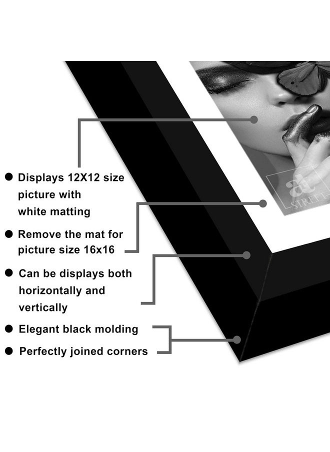 Art Street Synthetic Document Large Size Wall Photo Frame, Big Frames For Wall Artwork, Certificates, Picture & Photographs Home Decor (16x16 Inch, Matted To: 12X12 Inch, Black)