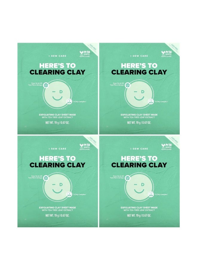I Dew Care, Here´s To Clearing Clay, Exfoliating Clay Beauty Sheet Mask, 4 Sheet Masks, 0.67 oz (19 g) Each