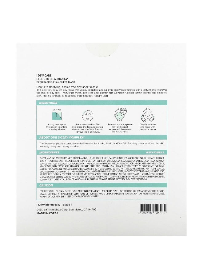 I Dew Care, Here´s To Clearing Clay, Exfoliating Clay Beauty Sheet Mask, 4 Sheet Masks, 0.67 oz (19 g) Each