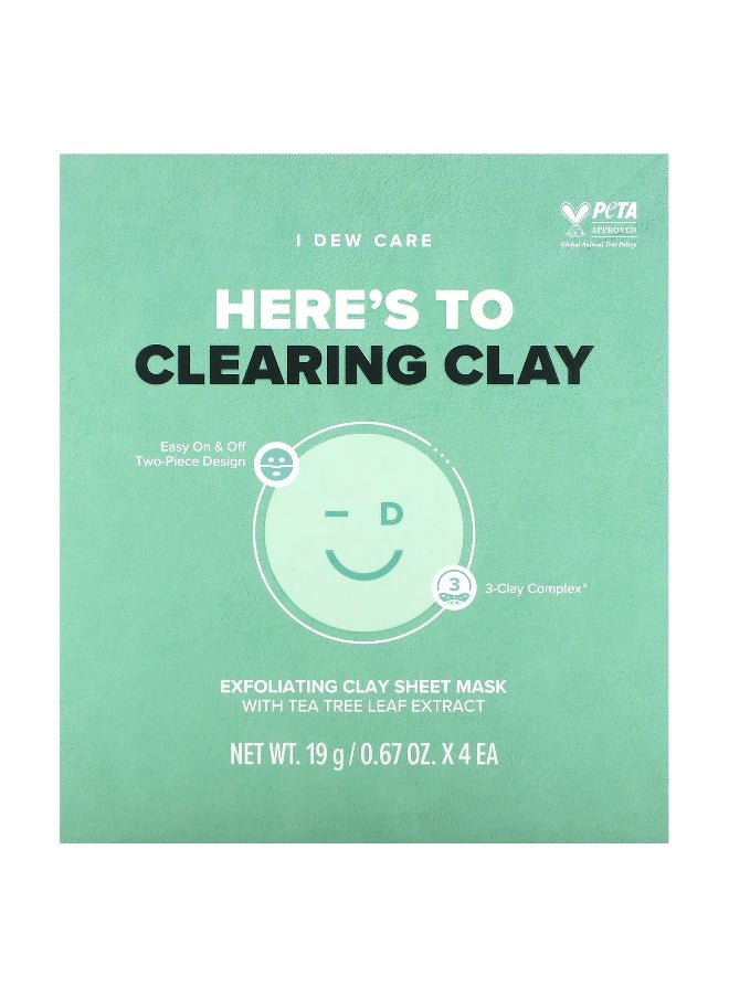 I Dew Care, Here´s To Clearing Clay, Exfoliating Clay Beauty Sheet Mask, 4 Sheet Masks, 0.67 oz (19 g) Each
