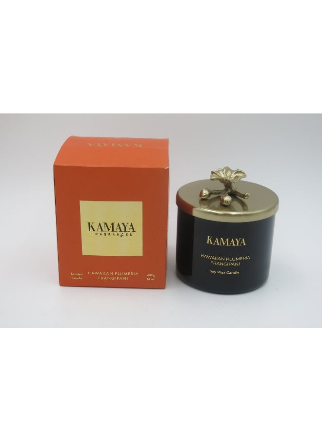 Fragrance - Hawaiian Plumeria Frangipani Secented candle 14 oz (400 gms) with gold lid with floral motif.