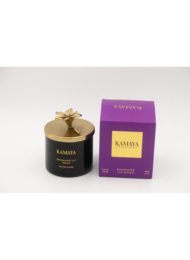 Fragrance - Enchanted Lily haven Secented candle 14 oz (400 gms) with gold lid with floral motif.
