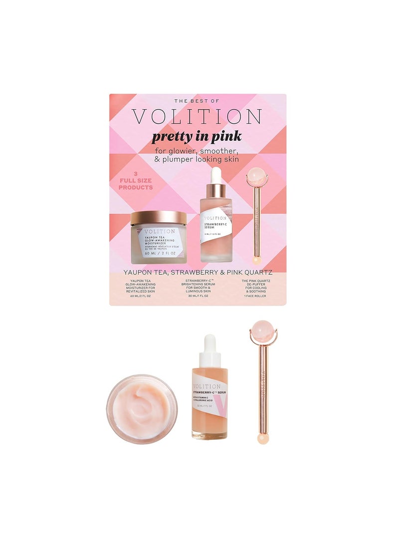 Volition Beauty Pretty in Pink Kit with Yaupon Tea Glow-Awakening Moisturizer, Strawberry-C Serum, The Pink Quartz De-Puffer | Brightens, De-Puffs, Soothes