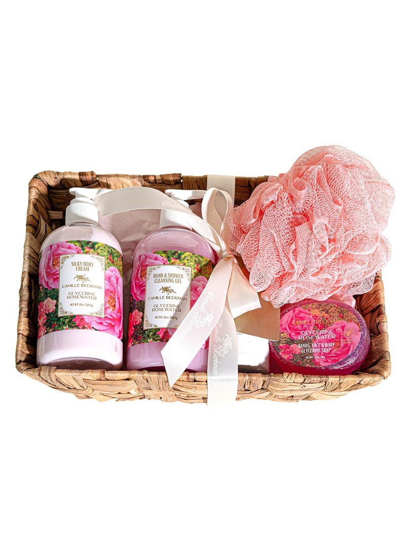 Camille Beckman Essentials Gift Basket - Rosewater Glycerine Hand Therapy 6 oz, Silky Body Cream 13 oz, Hand & Shower Cleansing Gel 13 oz, Glycerine Soap 3.5 oz