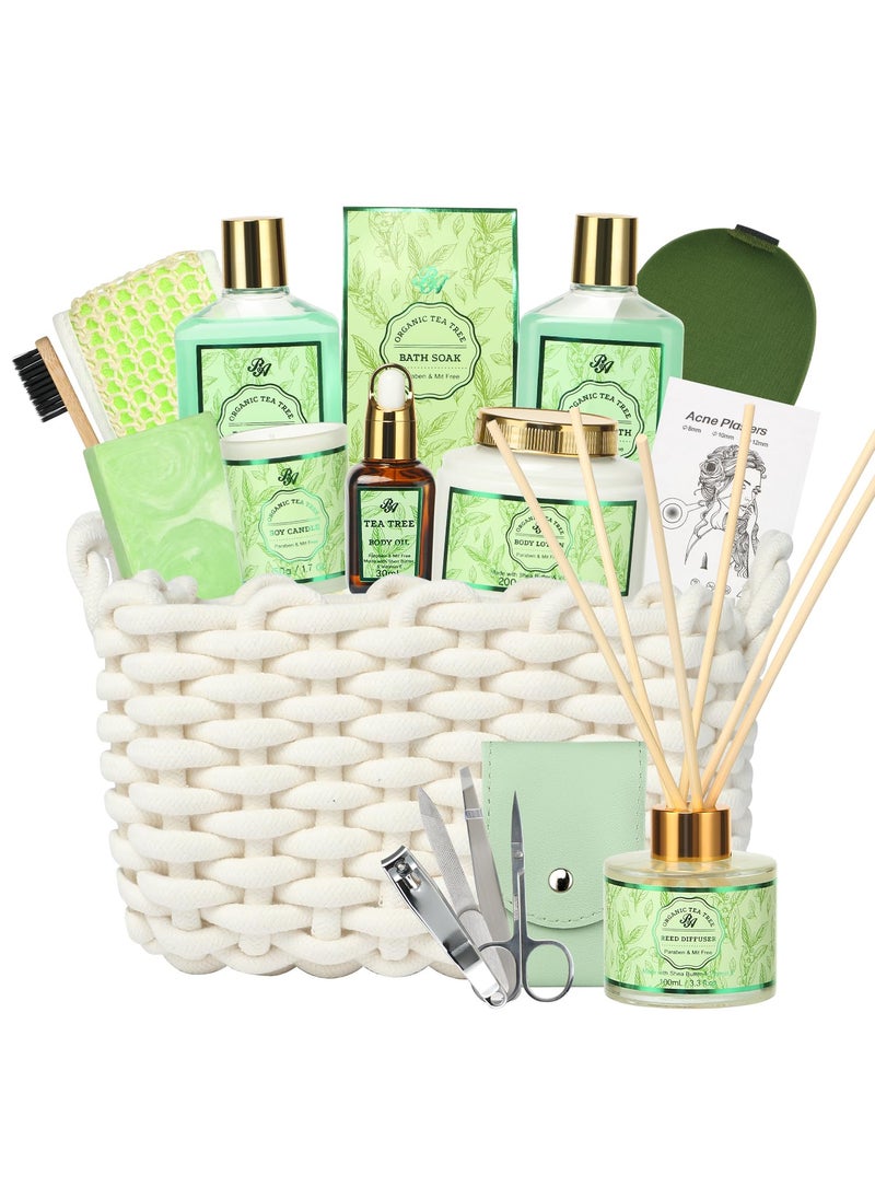 Spa Gift Set for Women, 15pcs Spa Basket Set -Tea Tree Scented- includes Body Wash, Bubble Bath, Bath Soak, Manicure Set, Gifts for Mom, Birthday Gifts for women, Home Spa Kit Gift for Her