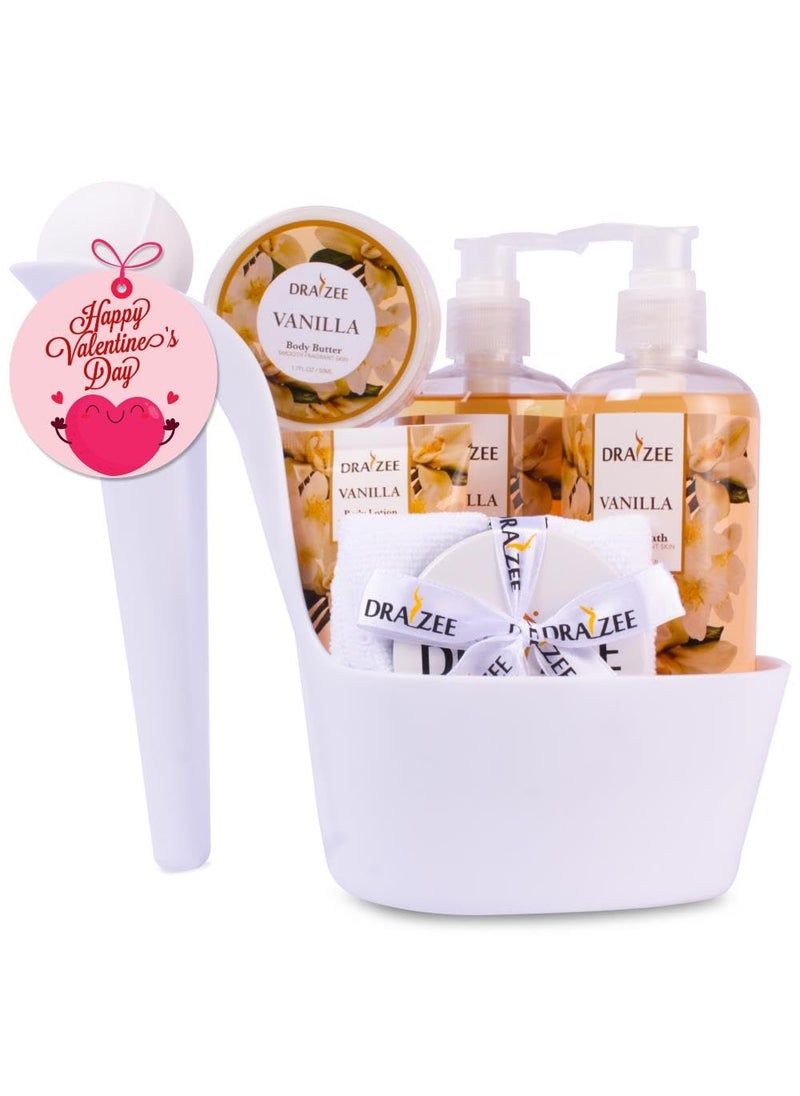 Valentine's Day Gifts for Women - Vanilla Scented Bath and Body Set of 6-Piece Heel Shoe Spa Basket with Body Lotion, Butter, Shower Gel, Bubble Bath, Puff - Gift for Her, Mom, Girlfriend by Draizee