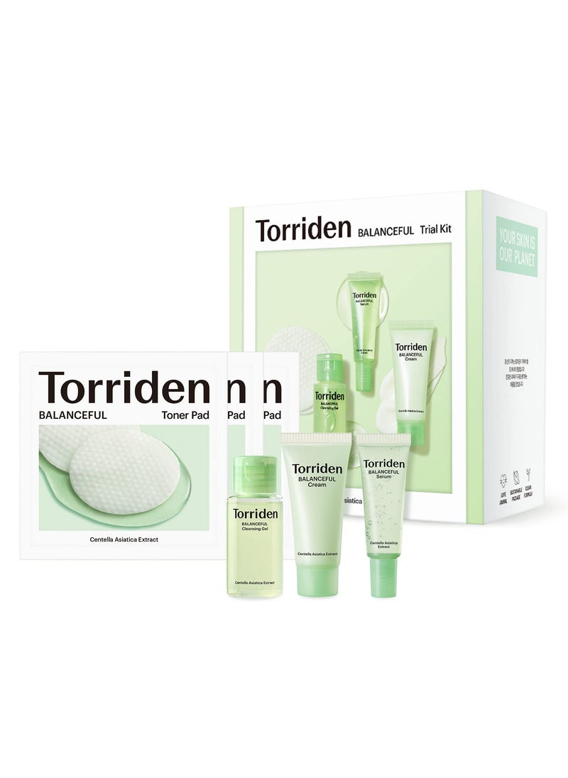 Torriden BALANCEFUL Cica Trial Kit, 5D Cica Infused Daily Skincare Kit - 4 Step Regimen with Cleansing Gel, Toner Pad, Serum, and Cream | Korean Skin Care Set