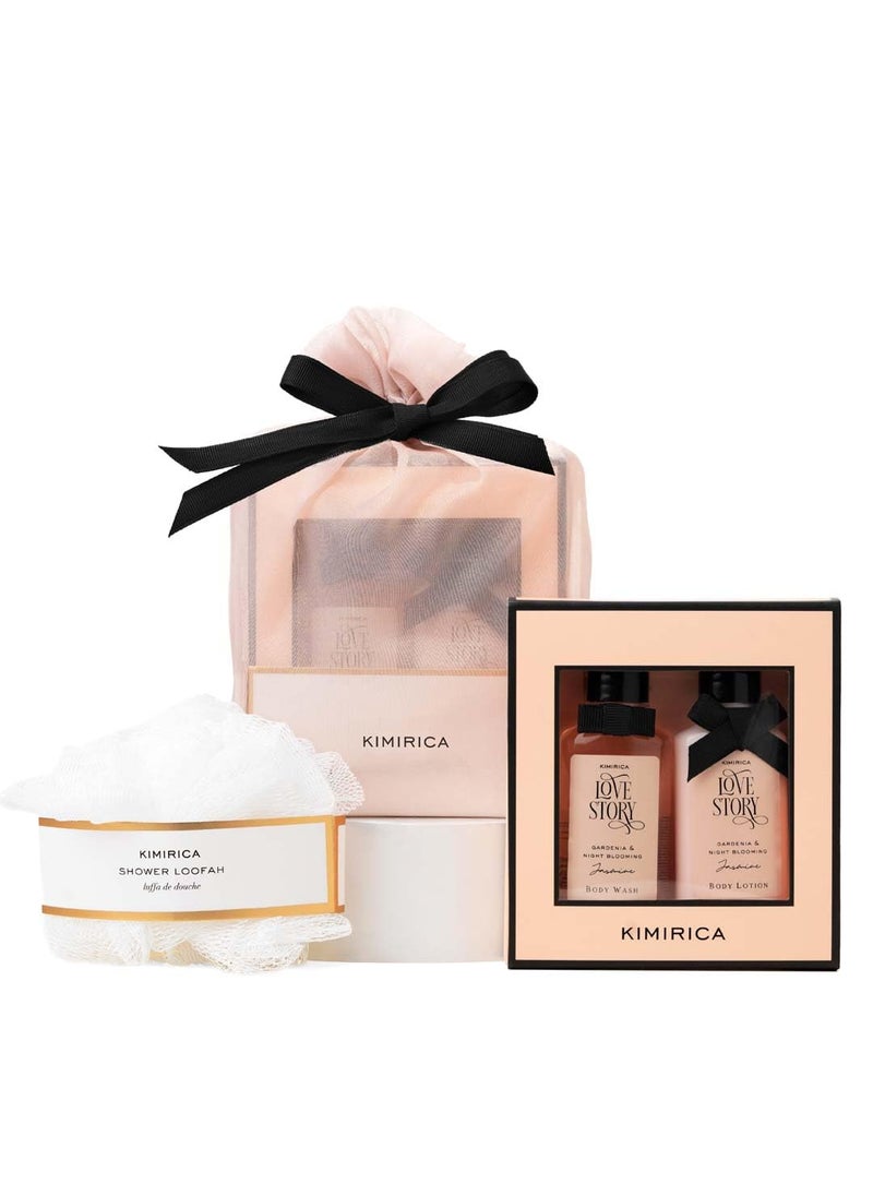 Love Story Luxury Body Wash & Body Lotion Gift Set | with Notes of Gardenia & Night Blooming Jasmine | with Loofah & a Reusable Potli | Elegant Holiday Gift | 4 Piece Set