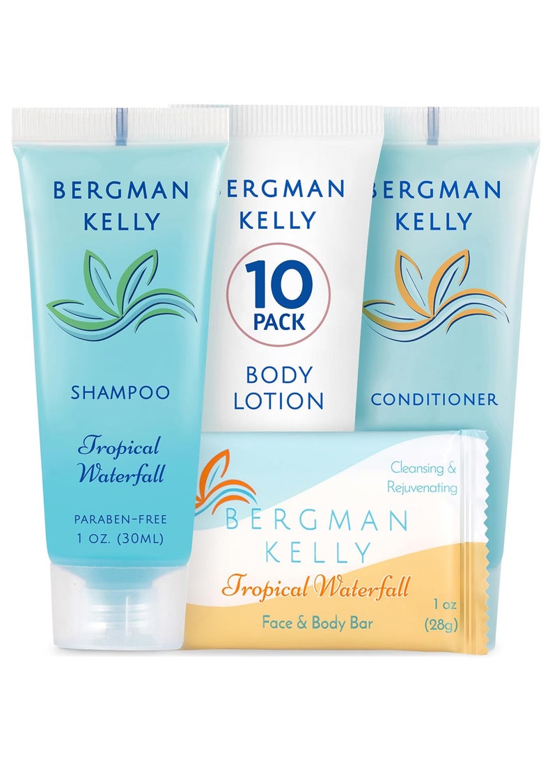 Bergman Kelly Hotel Toiletries Bundle (Tropical Waterfall, 1 oz each, 40 Pcs) 4-Piece Set: 10 Rectangular Bar Soap, 10 Shampoo, 10 Conditioner & 10 Body Lotion - Bulk Mini Guest Amenities Supply