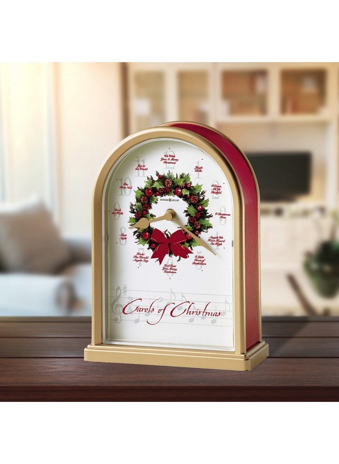 Howard Miller Carols of Christmas II Table Clock 645-424 - Satin Brass Finish, Red Marble Tone Sides, Decorative Wreath Center, 12 Musical Carols, Quartz Movement