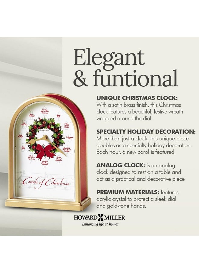 Howard Miller Carols of Christmas II Table Clock 645-424 - Satin Brass Finish, Red Marble Tone Sides, Decorative Wreath Center, 12 Musical Carols, Quartz Movement