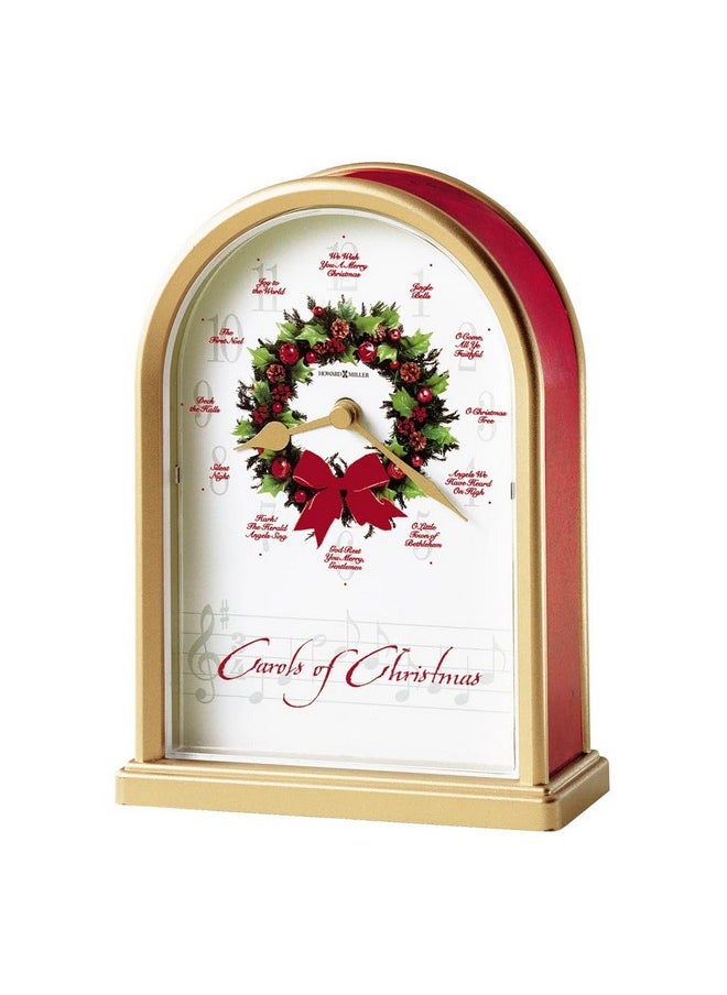 Howard Miller Carols of Christmas II Table Clock 645-424 - Satin Brass Finish, Red Marble Tone Sides, Decorative Wreath Center, 12 Musical Carols, Quartz Movement