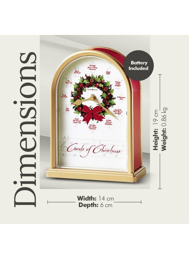 Howard Miller Carols of Christmas II Table Clock 645-424 - Satin Brass Finish, Red Marble Tone Sides, Decorative Wreath Center, 12 Musical Carols, Quartz Movement