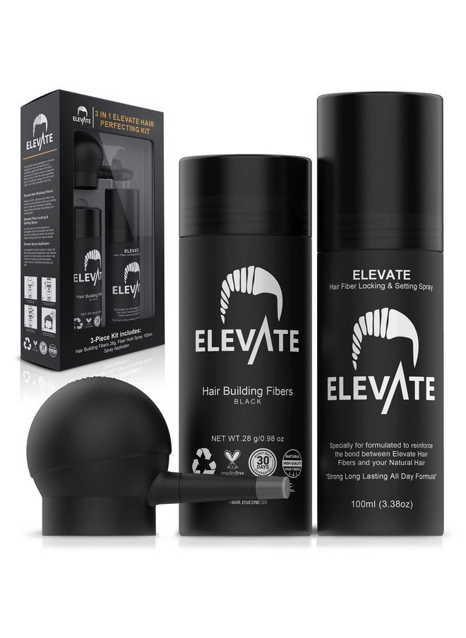 ELEVATE Hair Perfecting 3-in-1 Kit Set Includes Natural Hair Thickening Fibers & Spray Applicator Pump Nozzle & Locking Setting Hold Hair Spray | Instantly Conceal Balding Hair Thinning Areas (Black)