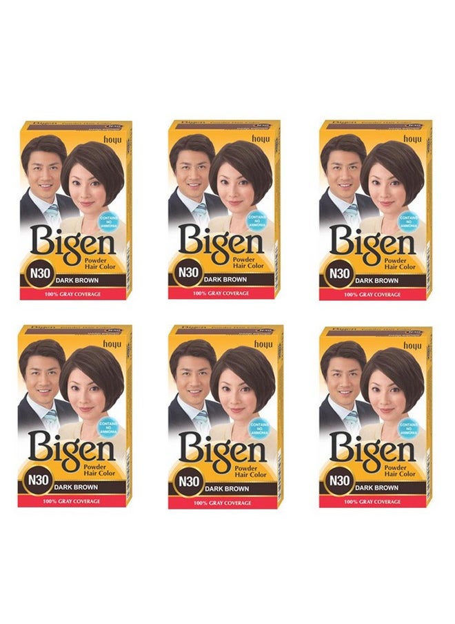 Bigen Powder Hair Color, Dark Brown N30 - Pack of 6 (Combo Set)