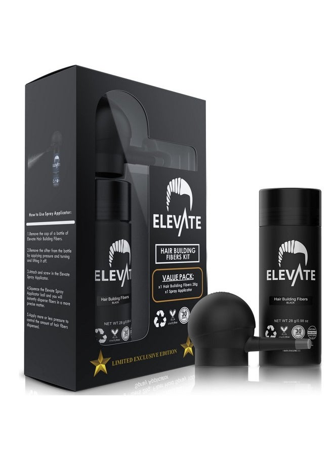 ELEVATE Hair Perfecting 2-in-1 Kit | Set Includes Natural Hair Thickening Fibers & Spray Applicator Pump Nozzle | Instantly Conceal Thicken Thinning Balding Hair Areas in Seconds - Men & Women (Black)