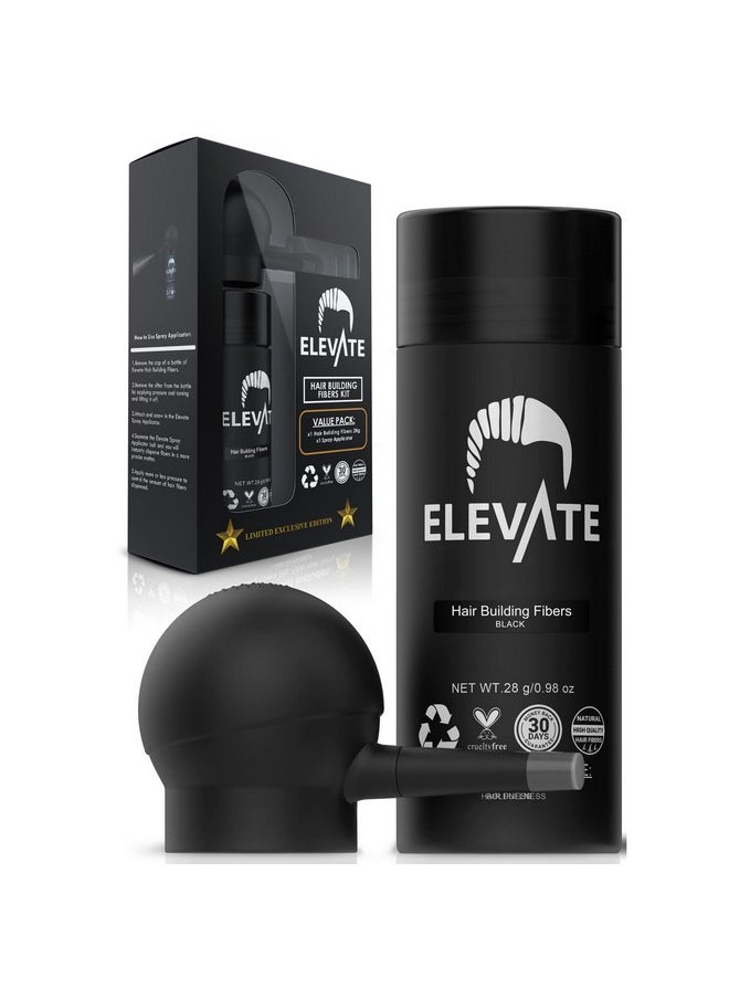 ELEVATE Hair Perfecting 2-in-1 Kit | Set Includes Natural Hair Thickening Fibers & Spray Applicator Pump Nozzle | Instantly Conceal Thicken Thinning Balding Hair Areas in Seconds - Men & Women (Black)
