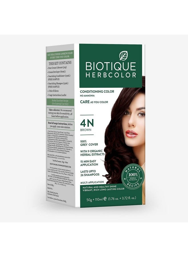 Biotique Herbcolor Conditioning Hair Colour l Ammonia Free Hair Color l 9 Organic Herbal Extracts l Natural and Healthy Shine l 50g + 110ml| Brown 4N (Pack of 1)
