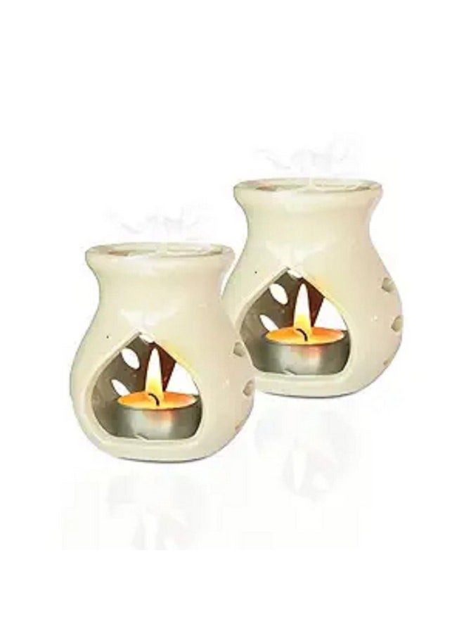 Pure Source India Ceramic Clay Oil Burner Aroma Diffuser (Off- White) -Set of 2