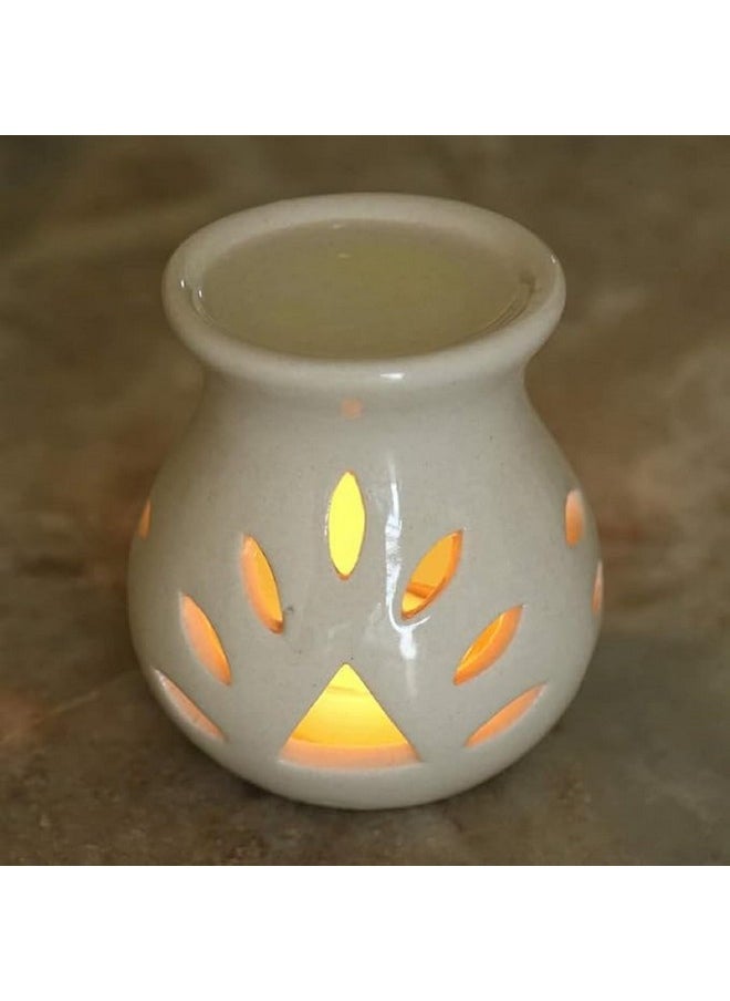 Pure Source India Ceramic Clay Oil Burner Aroma Diffuser (Off- White) -Set of 2