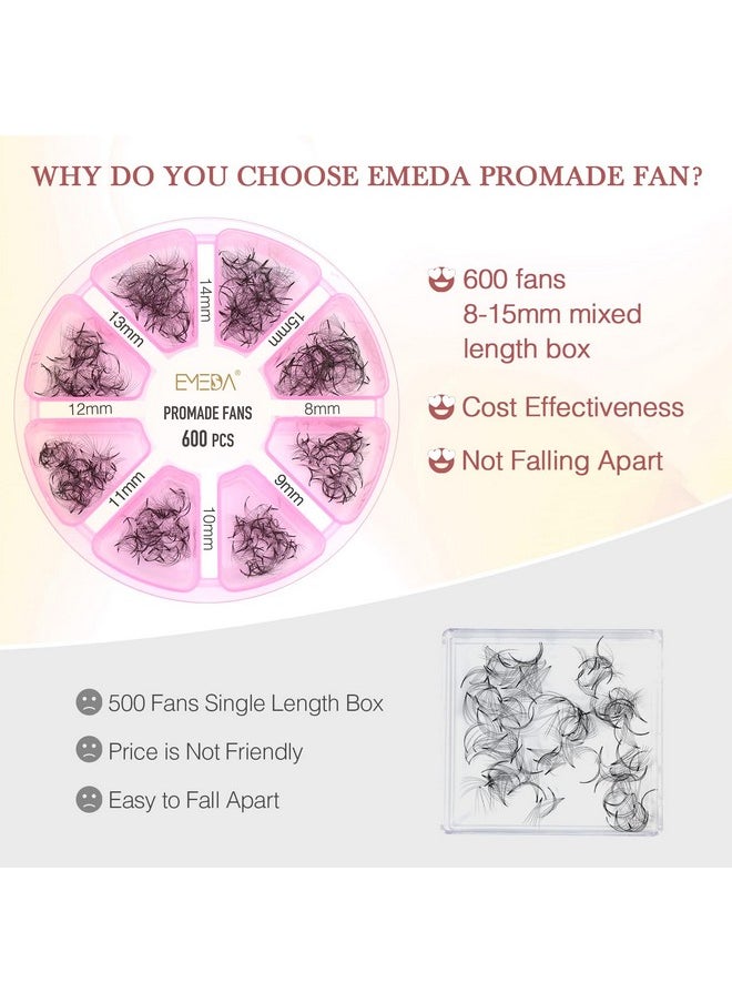 Premade Fans Eyelash Extensions 600 pcs Pointy Thin Base Promade Loose Fans Stable D Curl 8-15mm Mix Lengths Pre Made Volume Lashes with Reusable Silicone Pad by EMEDA (6D 0.07 D 8-15mm)