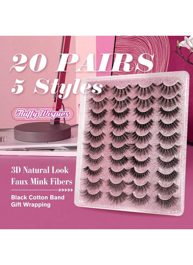 20 Pairs False Eyelashes 3D Faux Mink Lashes Natural Look Wispy Fake Eyelashes ALPHONSE 16-20MM Fluffy Volume Long Thick Lashes Pack 5 Styles Mixed