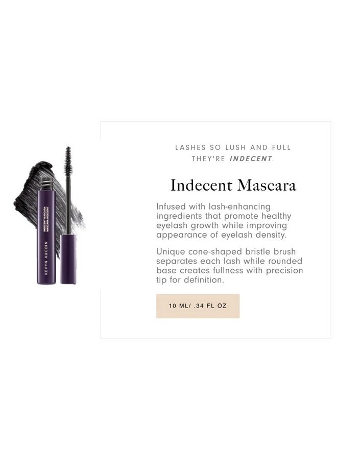 Kevyn Aucoin Indecent Mascara, Black: Thin cone-shaped brush. Creamy lash condition formula. Dramatic and natural look. Long wear. Clump & flake-free. Pro makeup artist go to for defined fuller lashes