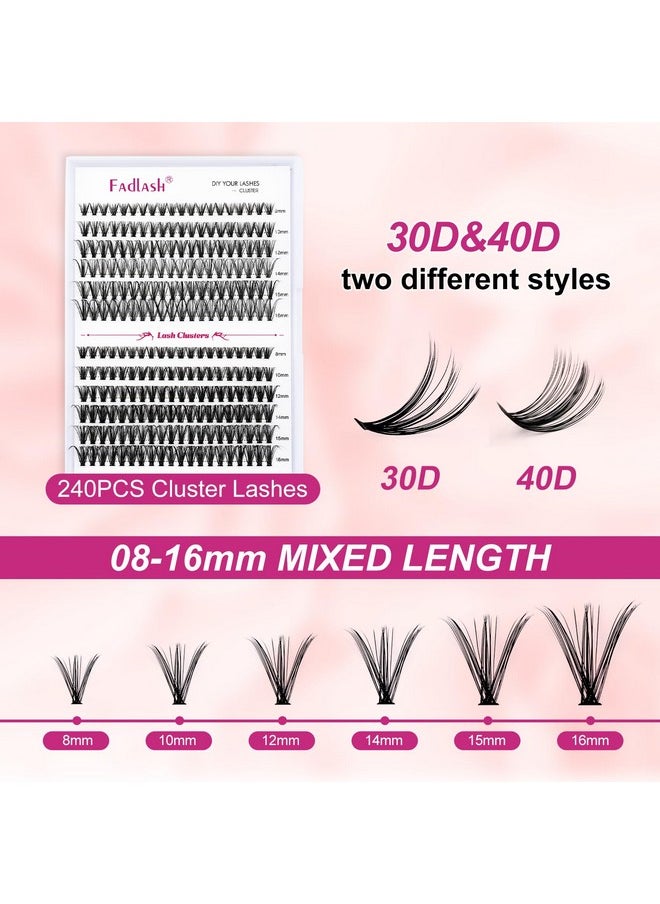 FADLASH DIY Eyelash Extension Kit, 240Pcs Lash Clusters with Lash Bond and Seal, Clusters Eyelash Applicator Tool, D Curl DIY Lash Kit (30D+40D Kit)