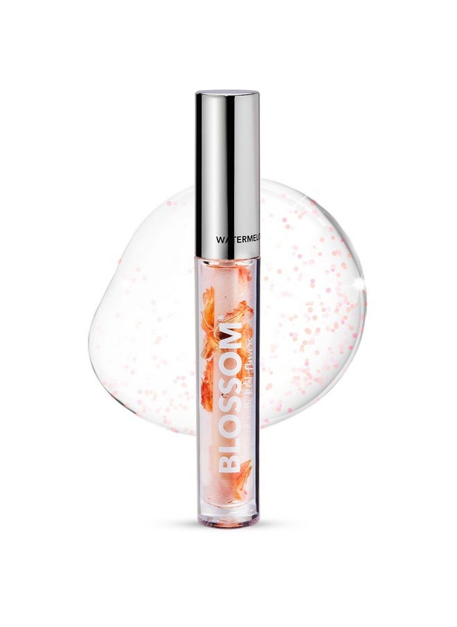 Blossom Lip Gloss & Lip Oil with Olive Oil + Grape Seed Oil, Moisturizing and Hydrating Shimmer Sparkle, Infused with Real Flowers, 3g, Watermelon