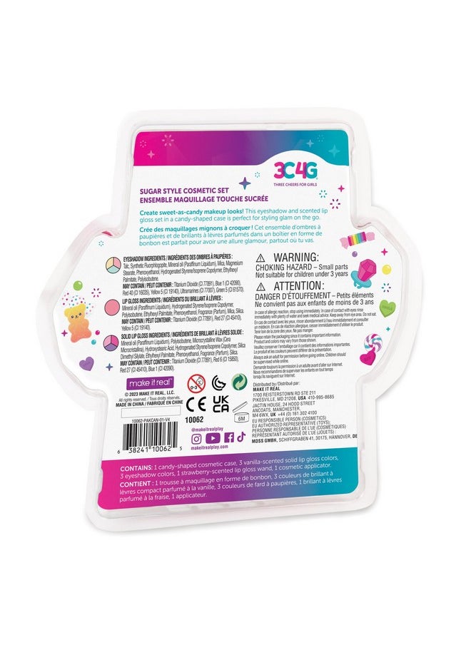 3C4G: Sugar Style Cosmetic Set - 9pcs, 4 Colors of Scented Lip Gloss & Eyeshadow Held in a Candy Shaped Container, Makeup Girls & Kids Ages 8+