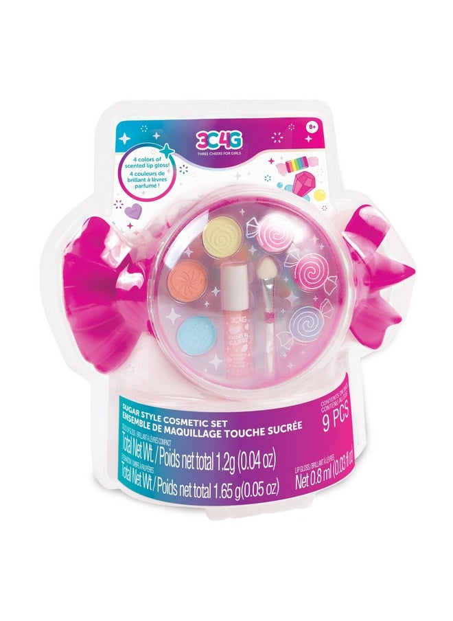 3C4G: Sugar Style Cosmetic Set - 9pcs, 4 Colors of Scented Lip Gloss & Eyeshadow Held in a Candy Shaped Container, Makeup Girls & Kids Ages 8+