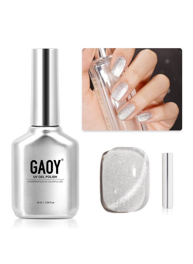 GAOY Cat Eye Gel Nail Polish, Glitter Holographic Nail Polish with Magnet, 16ml Reflective Translucent UV Gel for Nail Art, 1138 Silver