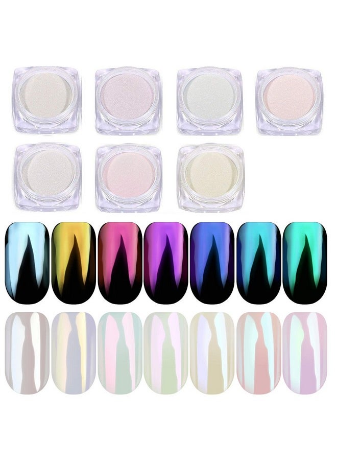 PrettyDiva Chrome Nail Powder - 7 Colors White Pearl Chrome Nail Powder Set, Metallic Nail Powder Mirror Effect White Chrome Powder Iridescent Nails Powder Manicure Pigment