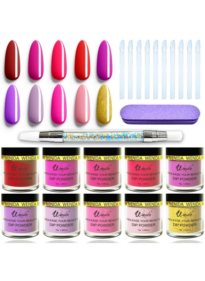 Dipping Nail Powder Wenida 10 Colors Red Burgundy Gold Glitter Purple Festival French Manicure Nail Art Set with Silicone Brush Nail Grit File 10 pcs False Nails
