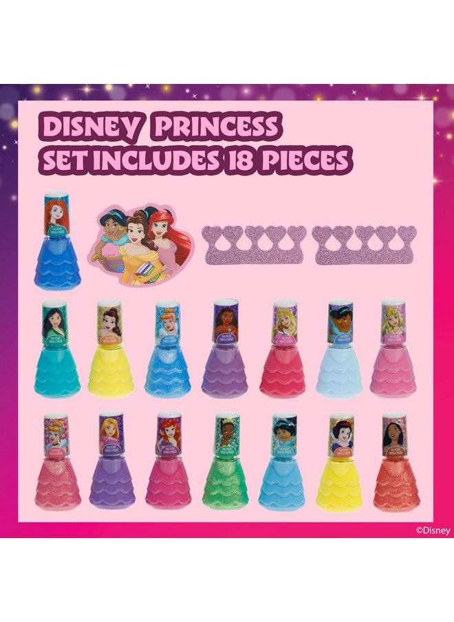 Townley Girl Disney Princess 15 Piece Water-Based Nail Polish with 3 Toe Spacers| Quick Dry| Peel Off| Gift Kit Set for Kids Girls| Ages 3