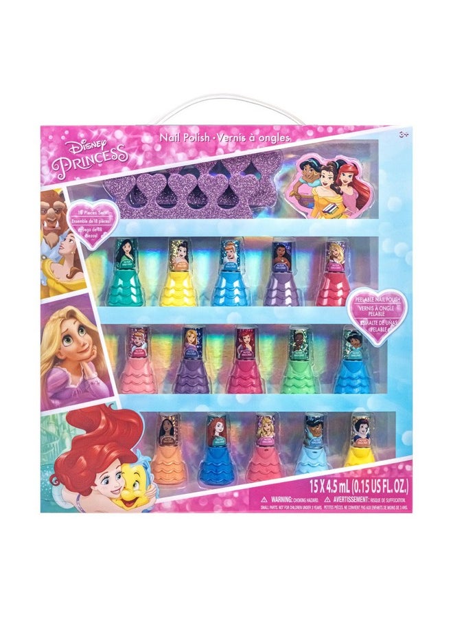 Townley Girl Disney Princess 15 Piece Water-Based Nail Polish with 3 Toe Spacers| Quick Dry| Peel Off| Gift Kit Set for Kids Girls| Ages 3