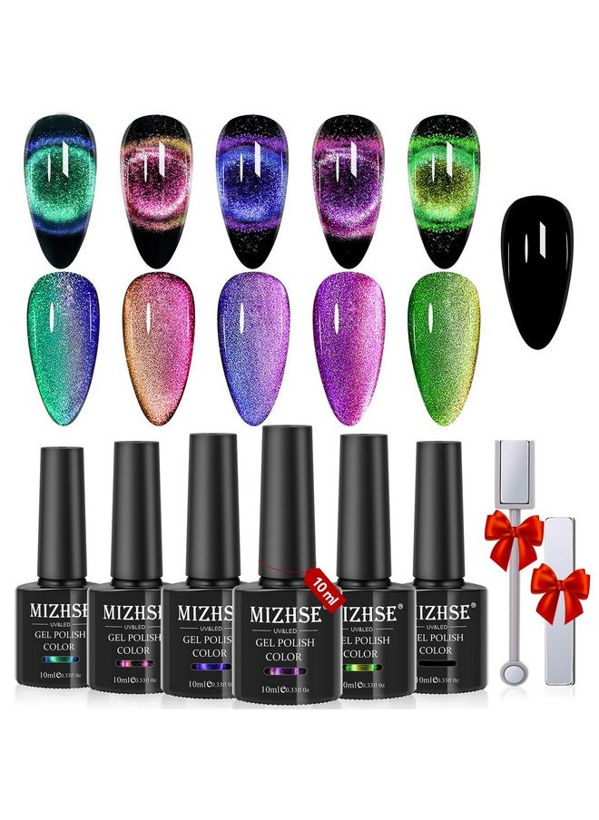 MIZHSE 9D Cat Eye Gel Nail Polish, Magnetic Cat Eye Gel Polish Set, 10ml*6 with 2 Magnets, Classic Colors Chameleon Magic Galaxy Effect Soak off Nail Art, Sparkle Stunning Gel Polish Gift for Women