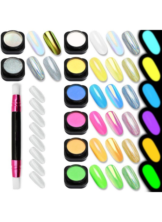 Nail Powder WENIDA 8 Jar Unicorn Iridescent Pearl Shell Holographic Chrome Mirror Laser Glow Synthetic Resin Pigment Manicure Decoration with 8 False Nails and Silicone Brush