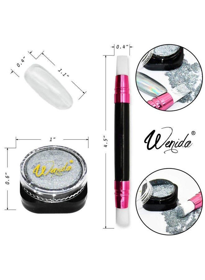 Nail Powder WENIDA 8 Jar Unicorn Iridescent Pearl Shell Holographic Chrome Mirror Laser Glow Synthetic Resin Pigment Manicure Decoration with 8 False Nails and Silicone Brush