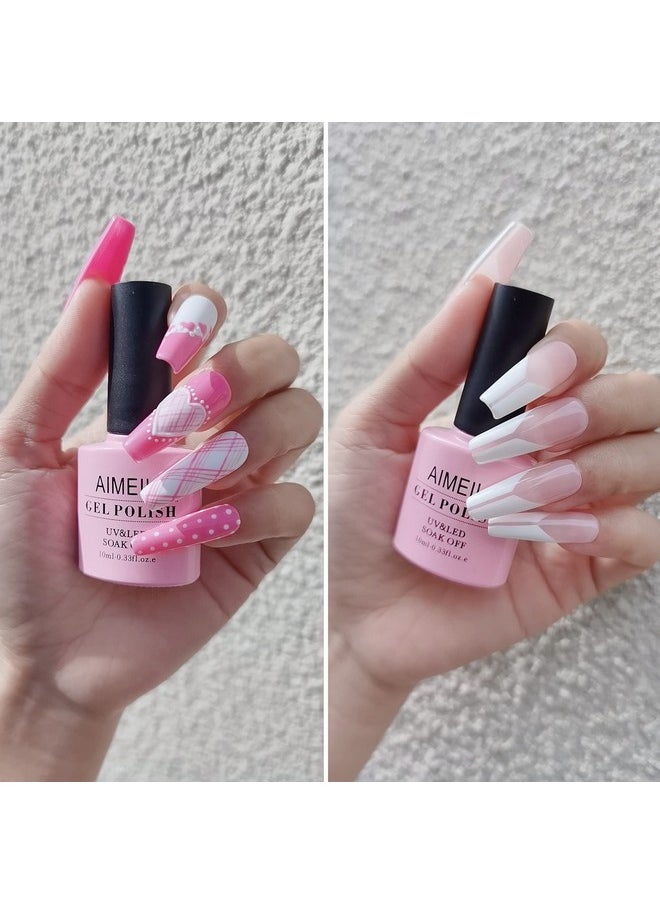 AIMEILI Valentine's Day Gel Nail Polish Set, French Tips White Gel Nail Polish Kit Clear Nude Pink Glitter Black Gel Polish Set Of 6pcs X 10ml - Kit Set 1