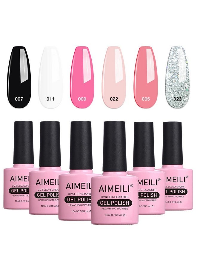 AIMEILI Valentine's Day Gel Nail Polish Set, French Tips White Gel Nail Polish Kit Clear Nude Pink Glitter Black Gel Polish Set Of 6pcs X 10ml - Kit Set 1