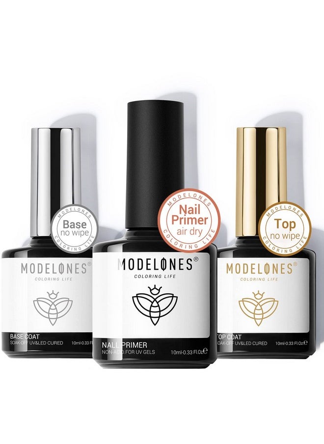 modelones Gel Top Coat and Base Coat With Nail Primer, 3 Pcs 10 ml No Wipe Base and top coat Gel Nail Polish Nail Bonder Primer Gel Nail kit