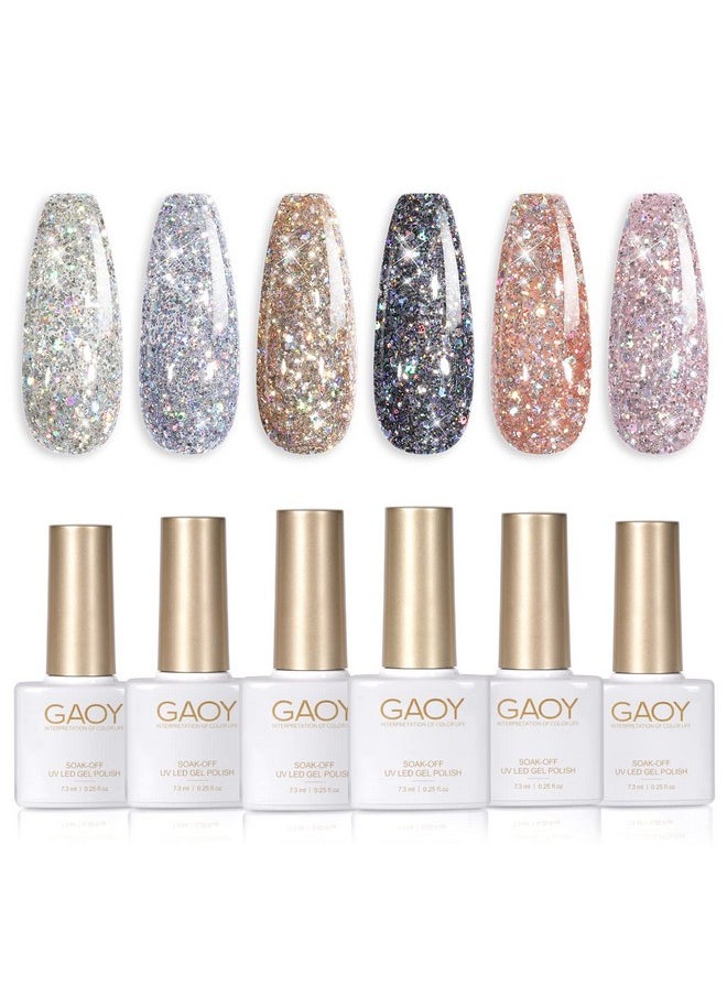 GAOY Chrome Platinum Glitter Nail Polish Set, 6 Colors Including Sparkly Shiny UV LED Soak Off Black Silver Pink Gel Polish Kit Home DIY Manicure Nail Salon Varnish