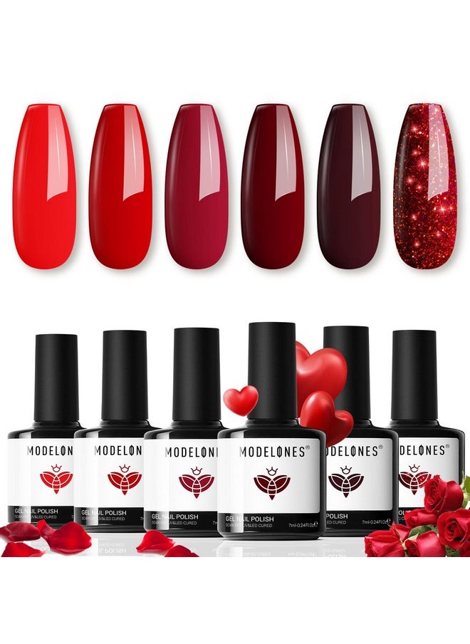 modelones Gel Nail Polish Set - 6 Red Colors Gel Polish Glitter Red Gel Polish Burgundy Red Sparkle Bloody Red Nail Polish Gel Manicure DIY Salon Nail Art Gifts
