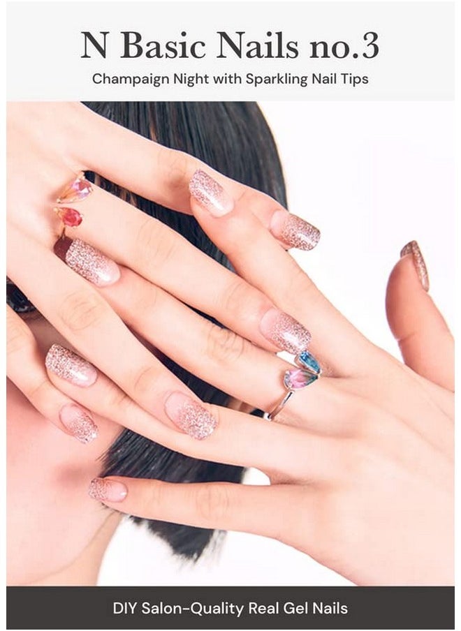 ohora Semi Cured Gel Nail Strips (N Basic Nails no.3) - Nude, Glitter, Works with UV/LED Lamps, Salon-Quality, Long Lasting, Easy to Apply & Remove - Includes 2 Prep Pads, Nail File & Wooden Stick